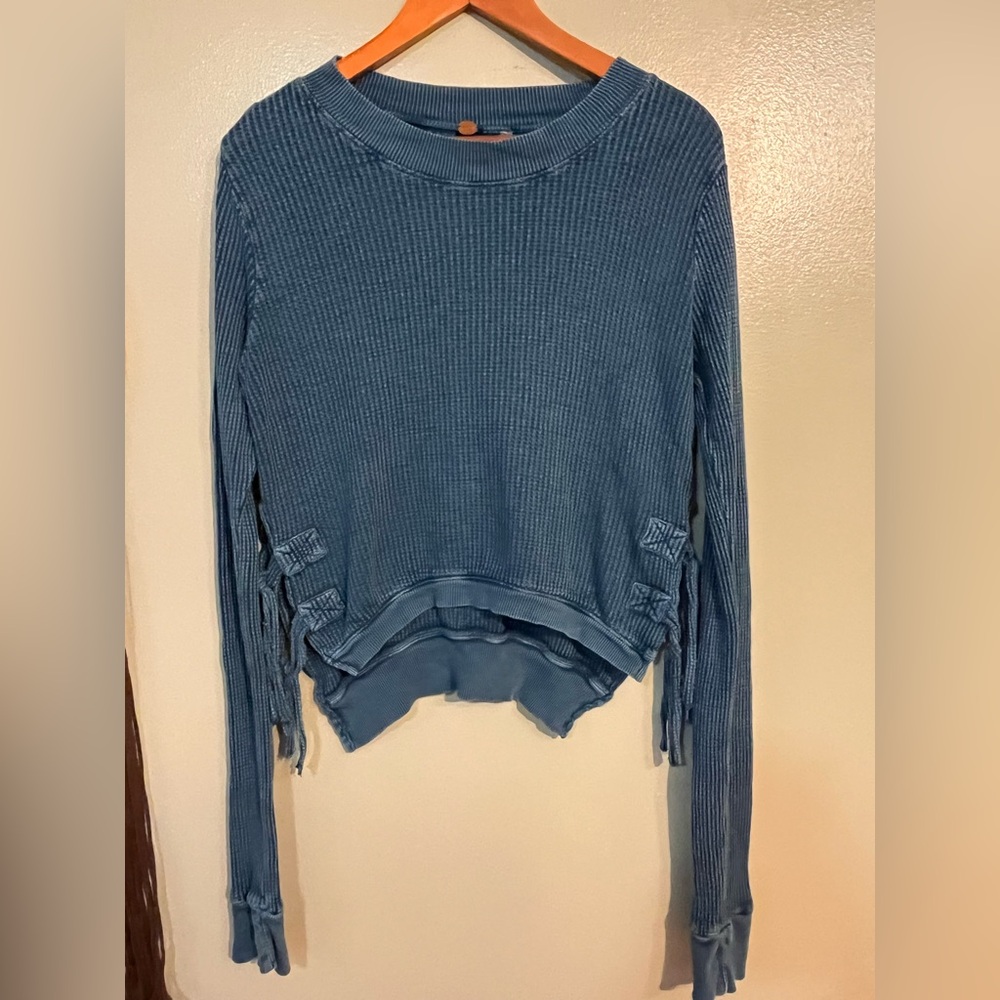 FP One Thermo Ribbed Blue Women's Top Long Sleeves Cotton Crop S/P
